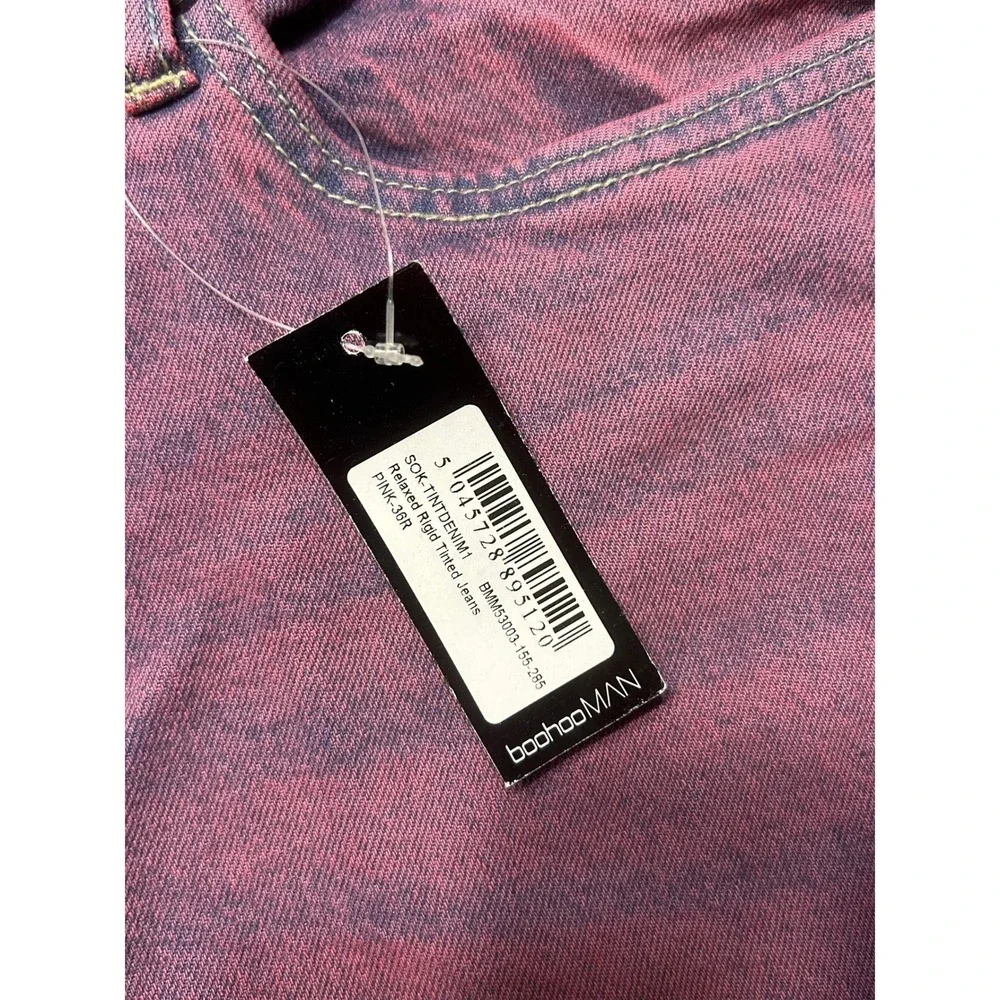 boohooMAN Mens Y2K‎ Grunge Relaxed Rigid Tinted Jeans Pink Purple Ripped Knee